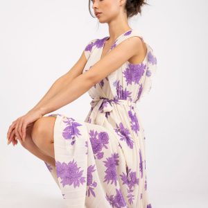 Beige and purple pleated dress with floral pattern