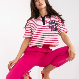 White and pink short polo shirt with print