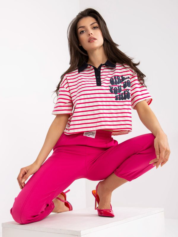 White and pink short polo shirt with print