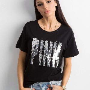 Black T-shirt with sequin lettering