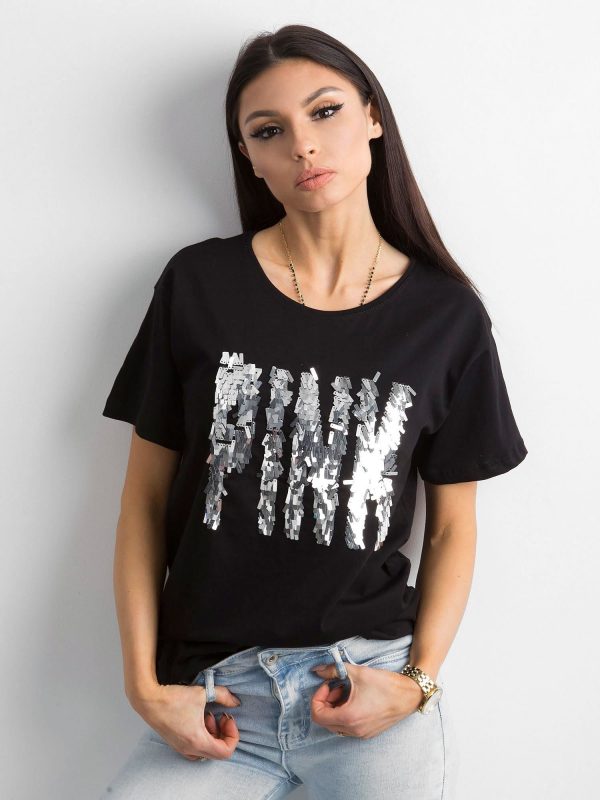 Black T-shirt with sequin lettering