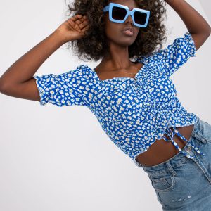 Blue viscose short blouse with print RUE PARIS