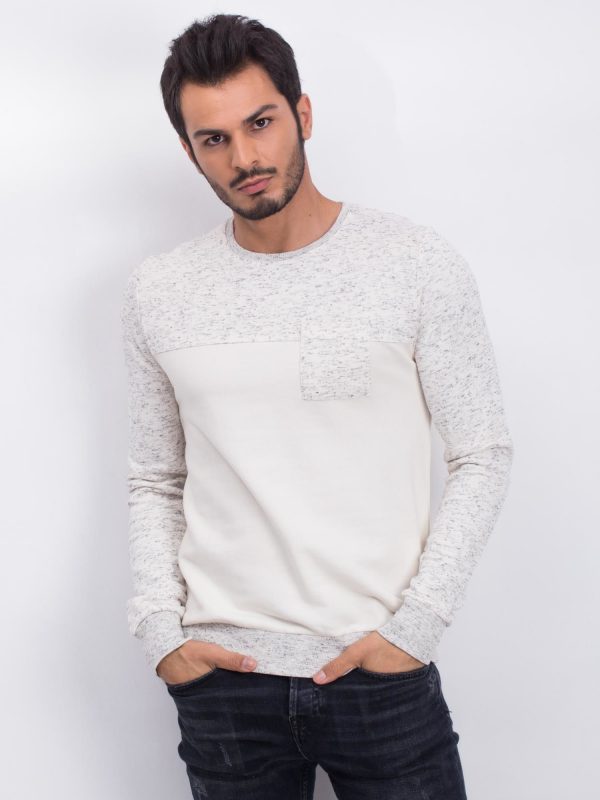 Ecru-grey cotton sweatshirt for men with pocket