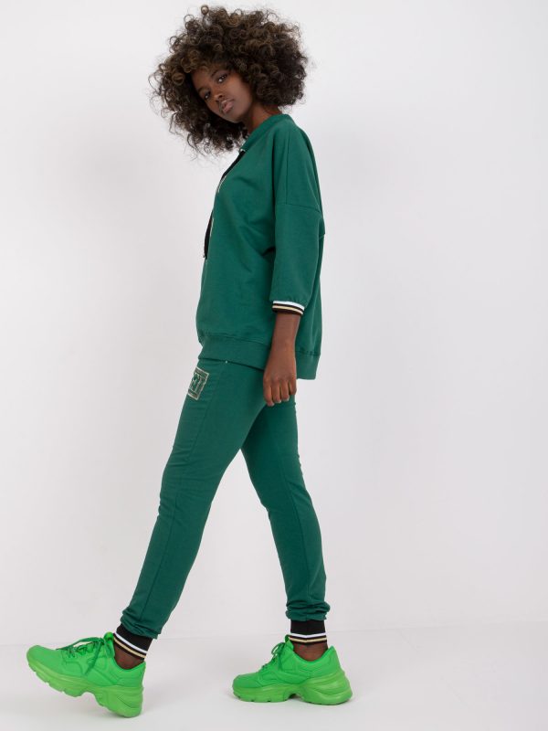 Dark Green Cotton Casual Set with Pants