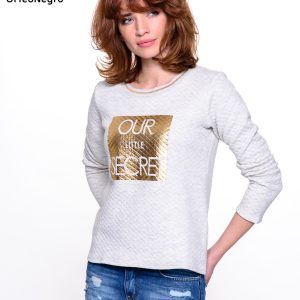 Grey quilted glamour sweatshirt with gold print and hem