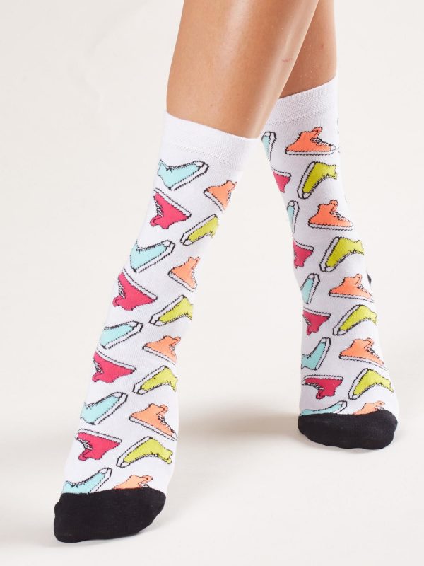 White socks with colorful print