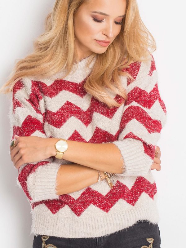 RUE PARIS Ecru-burgundy Geometric sweater