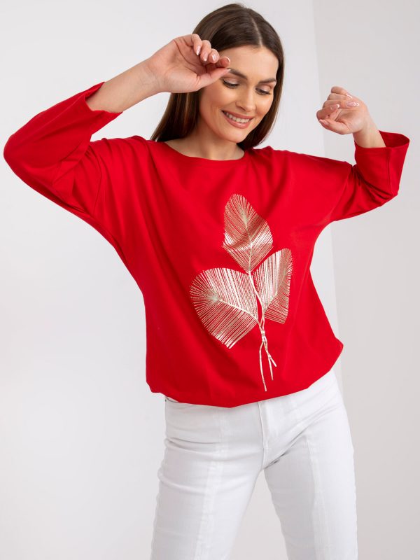 Red cotton blouse with round neck Claudia