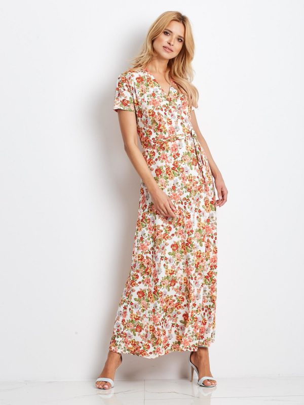 Ecru-Coral Flowered Dress