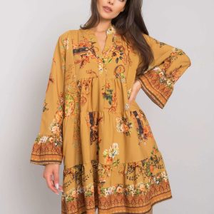 Everlee Mustard Patterned Ruffle Dress