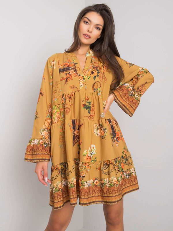 Everlee Mustard Patterned Ruffle Dress