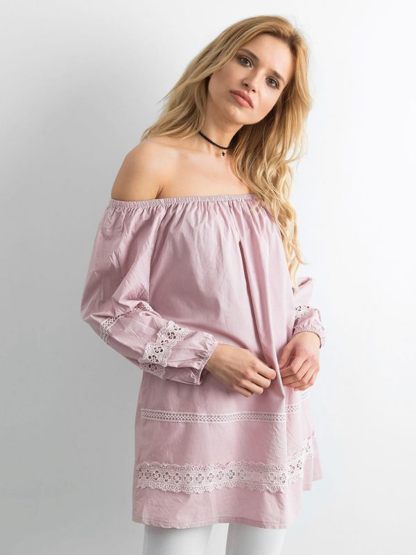 Pink cotton tunic with Spanish neckline