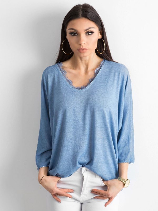 Blue Loose V-Neck Blouse