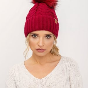 Burgundy padded women's hat with pompom