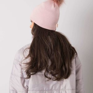 Light pink padded women's hat with pompom