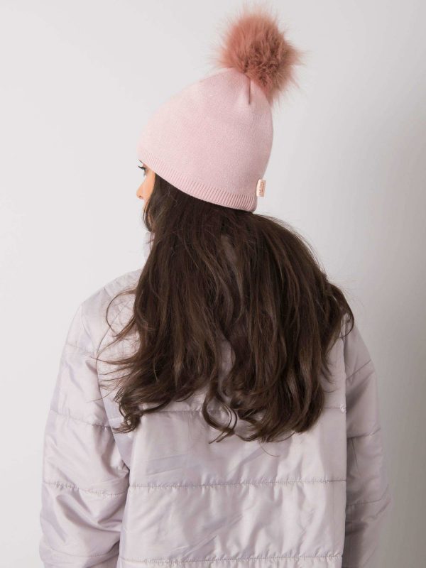 Light pink padded women's hat with pompom