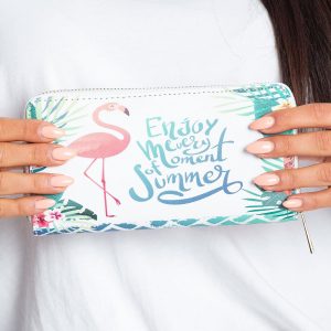 White wallet with colorful print