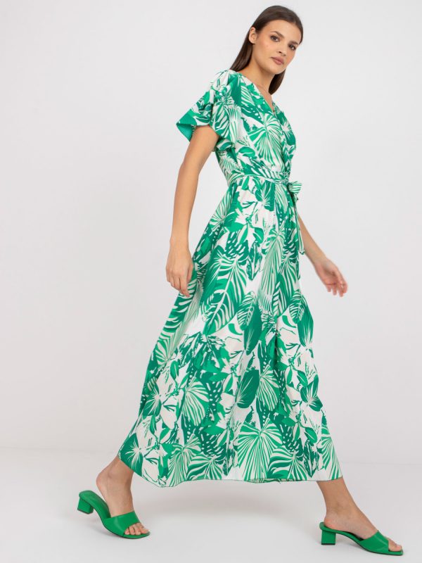 White and green wrap dress with prints and binding