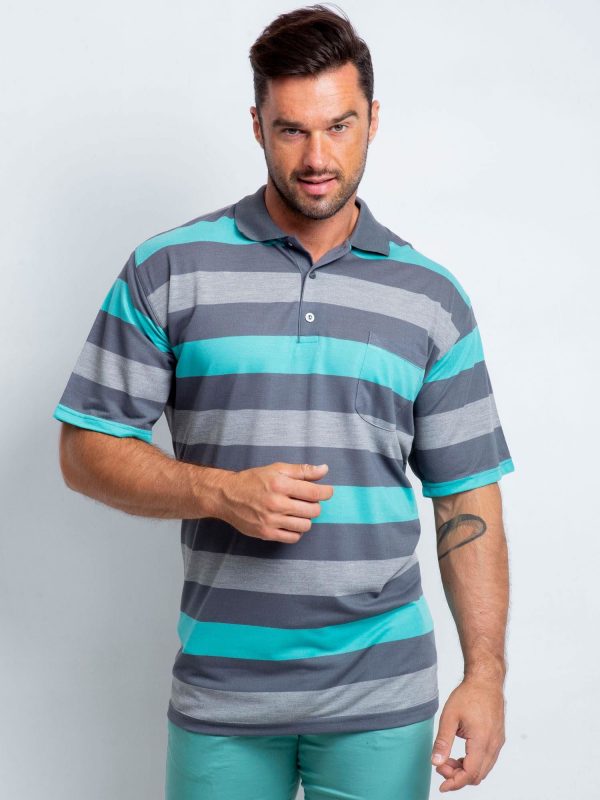 Grey Turquoise Men's Polo Plus Size Crowdy