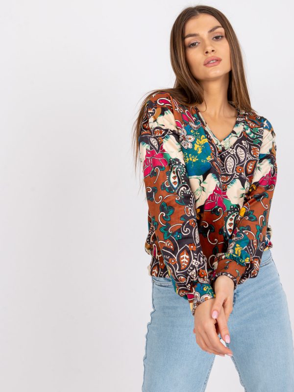 Brown women's blouse with Ruby prints