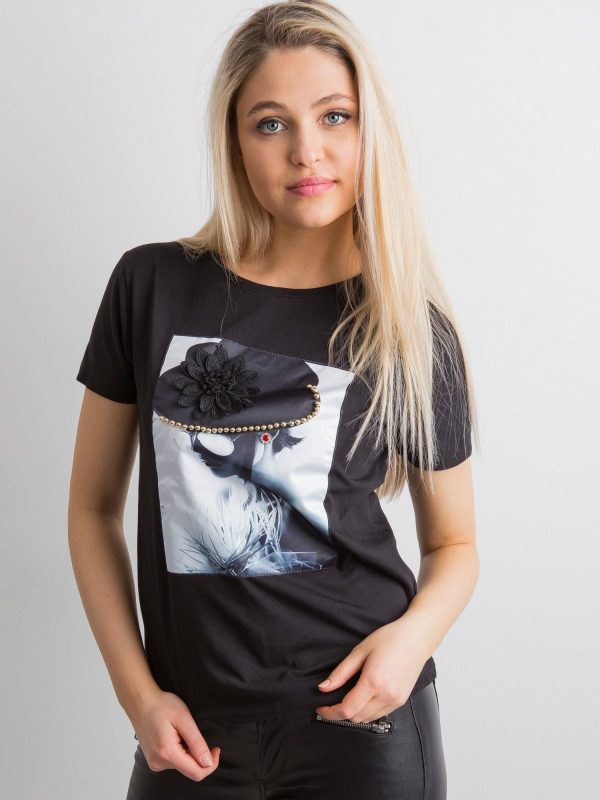 Women's T-shirt with 3D applique black