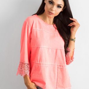 Fluo peach blouse with lace and pockets