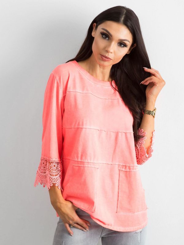 Fluo peach blouse with lace and pockets