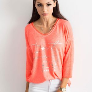 Fluo peach V-neck blouse with inscription