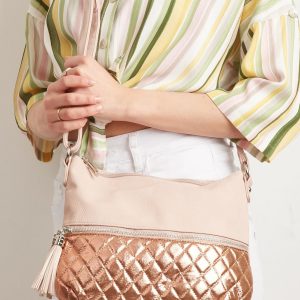 Light pink handbag with shiny quilted insert