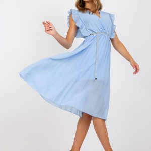 Light Blue Pleated Midi Dress with Binding