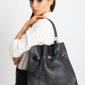 Black Leather Bag with Drawstring