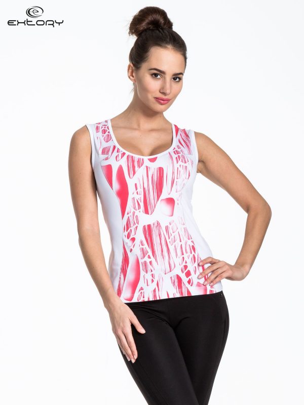 White sports top with red print