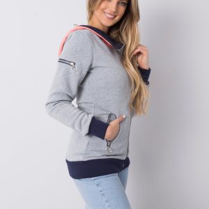 Light gray long sweatshirt with asymmetrical zipper hood