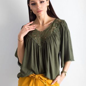 Khaki airy blouse with lace