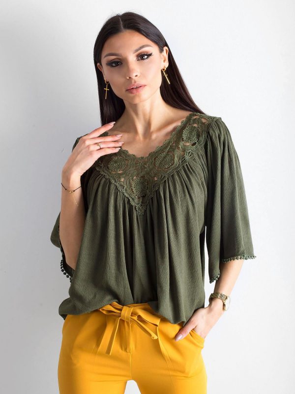 Khaki airy blouse with lace