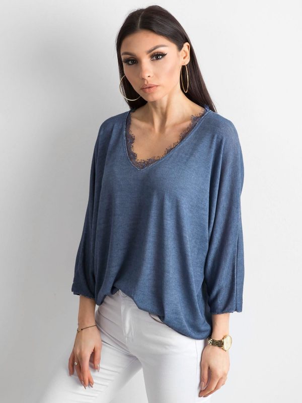 Dark Blue Loose V-Neck Blouse