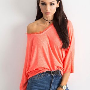 Fluo peach blouse with lace at the neckline