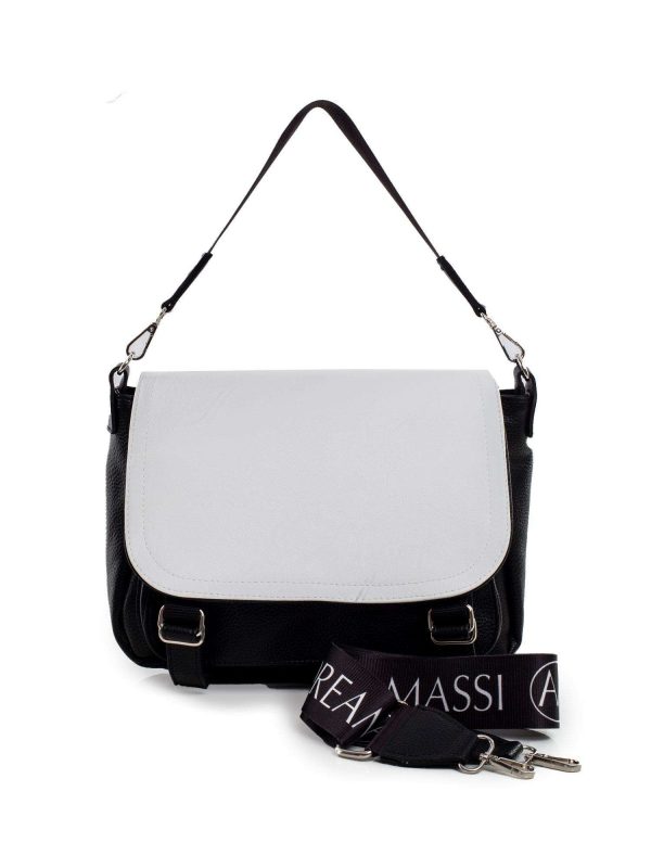 Black and white ladies handbag with detachable handle