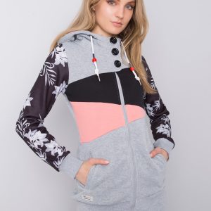 Light gray long sweatshirt with asymmetrical pattern buttons