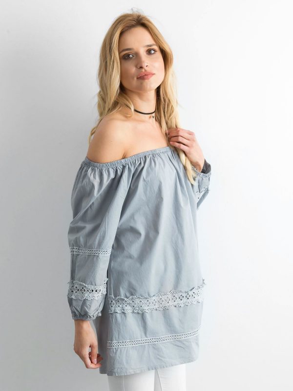 Grey cotton tunic with Spanish neckline