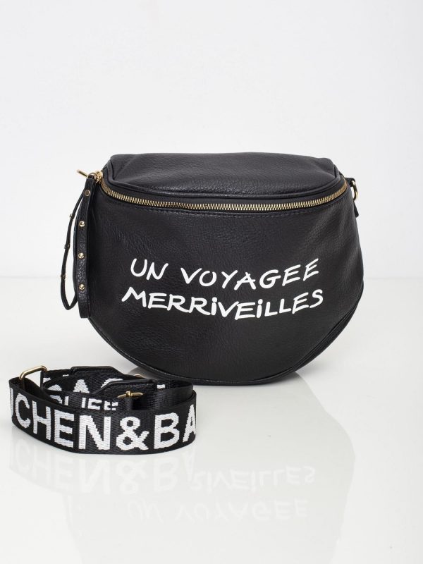 Black handbag with inscription