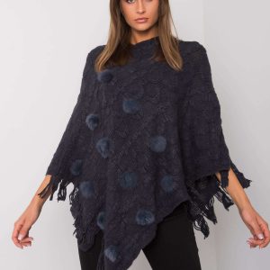 Navy blue poncho with talisha pompoms