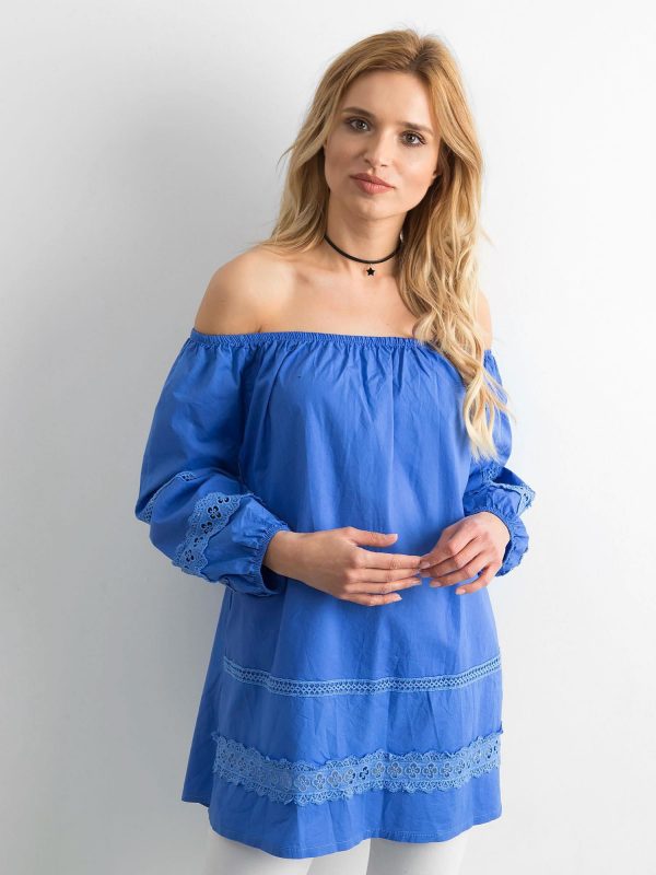 Blue cotton tunic with Spanish neckline