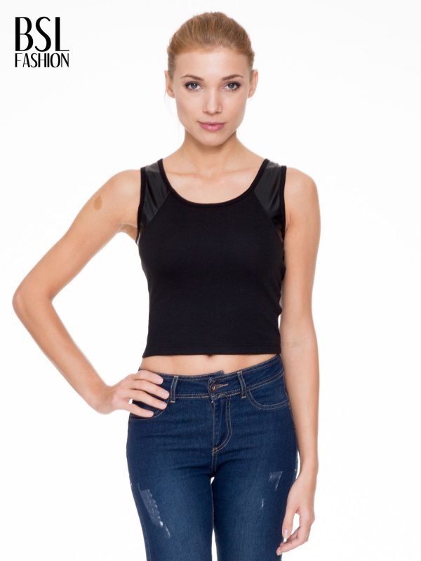 Black crop top with leather inserts and back zipper