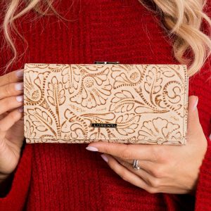 Beige Leather Wallet with Vegetable Patterns