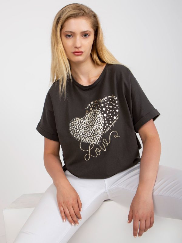 Khaki cotton t-shirt plus size with rhinestones applique