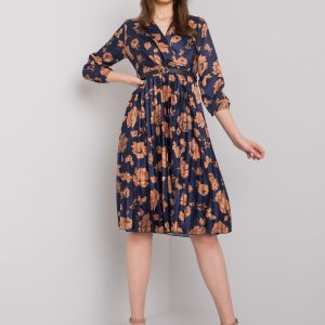 Navy and Camel Patterned Oviedo Pleated Dress