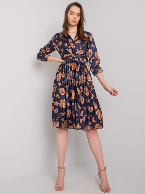 Navy and Camel Patterned Oviedo Pleated Dress