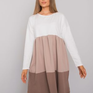 Ecru-dark beige cotton long sleeve dress Emine RUE PARIS