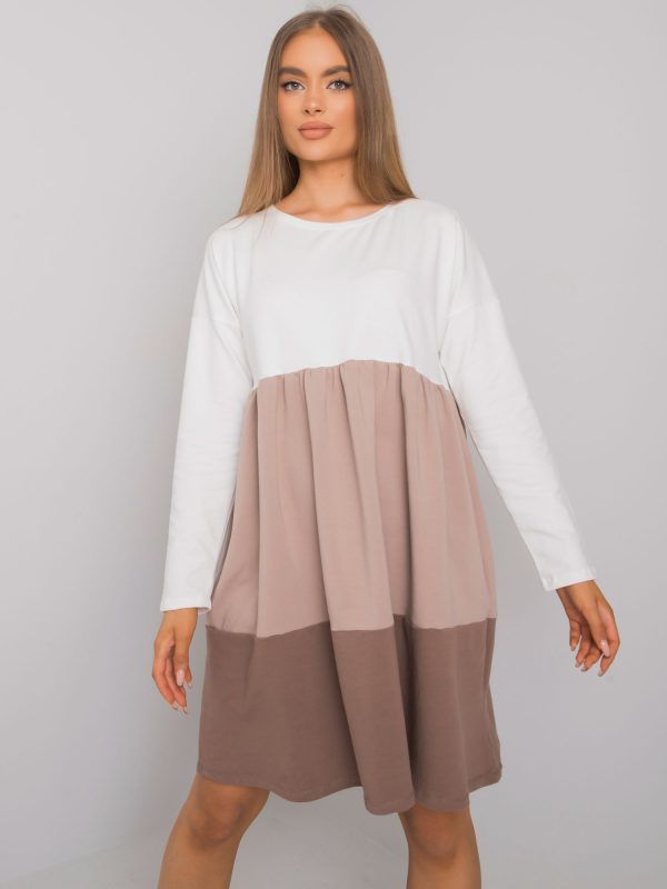 Ecru-dark beige cotton long sleeve dress Emine RUE PARIS